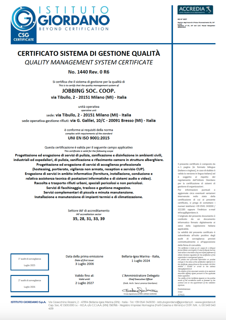 Certificazione Jobbing UNI EN ISO 9001-2015