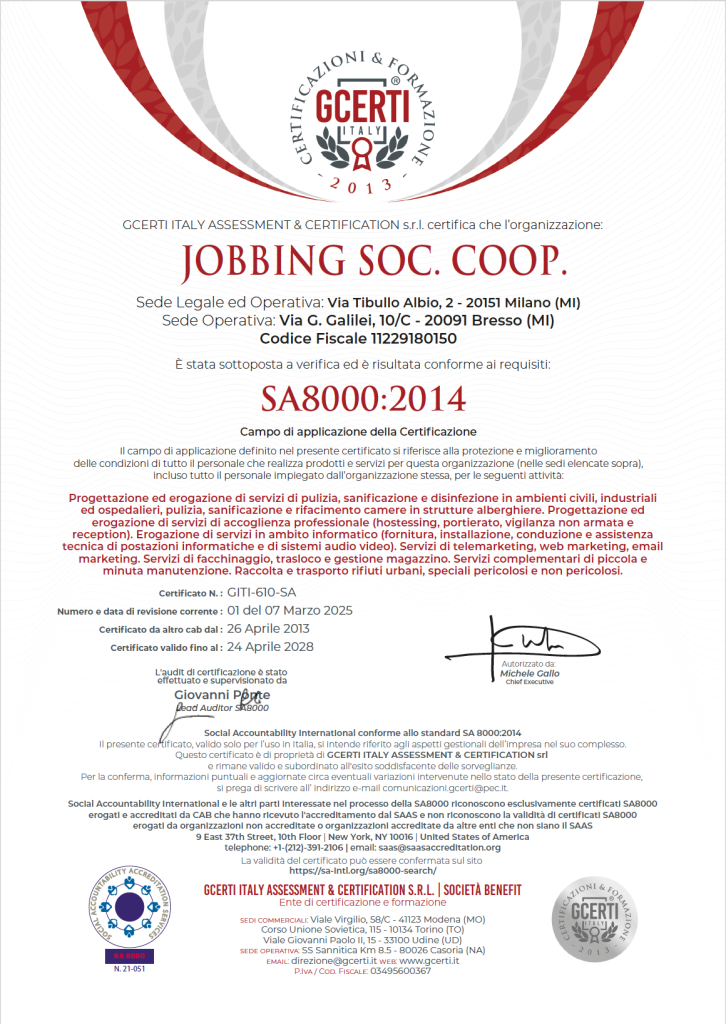 Certificazione Jobbing Responsabilità Sociale JOBBING_SA8000_2025 