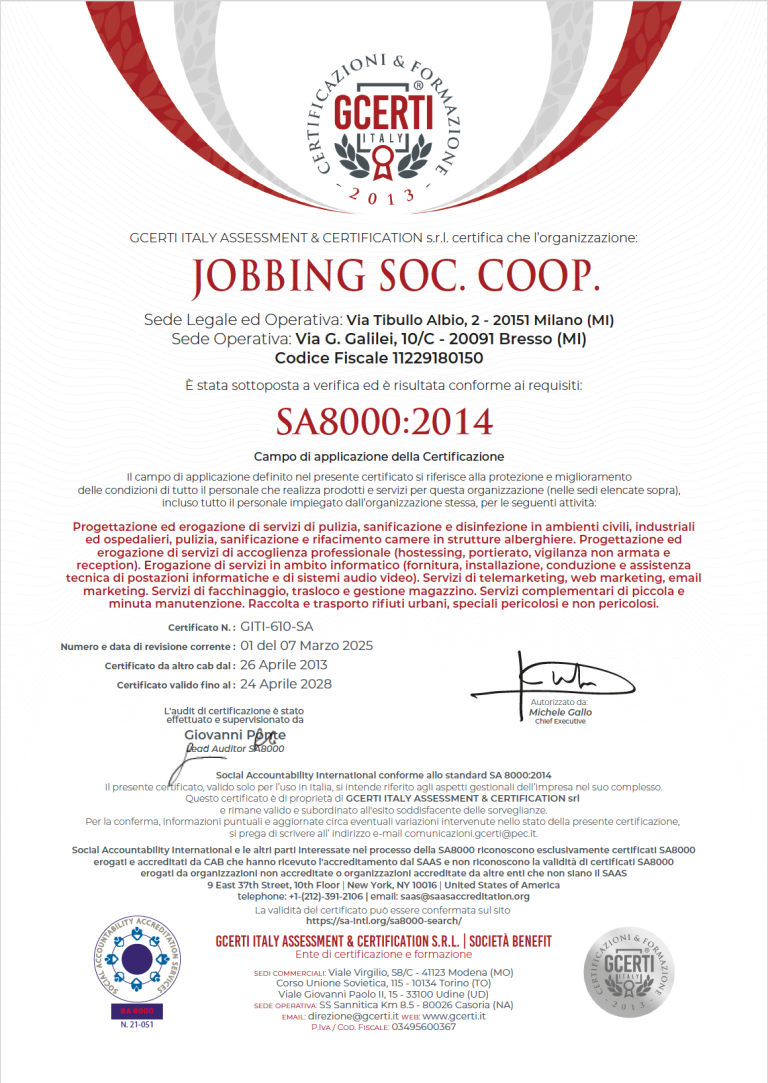 Certificazione Jobbing Responsabilità Sociale JOBBING_SA8000_2025