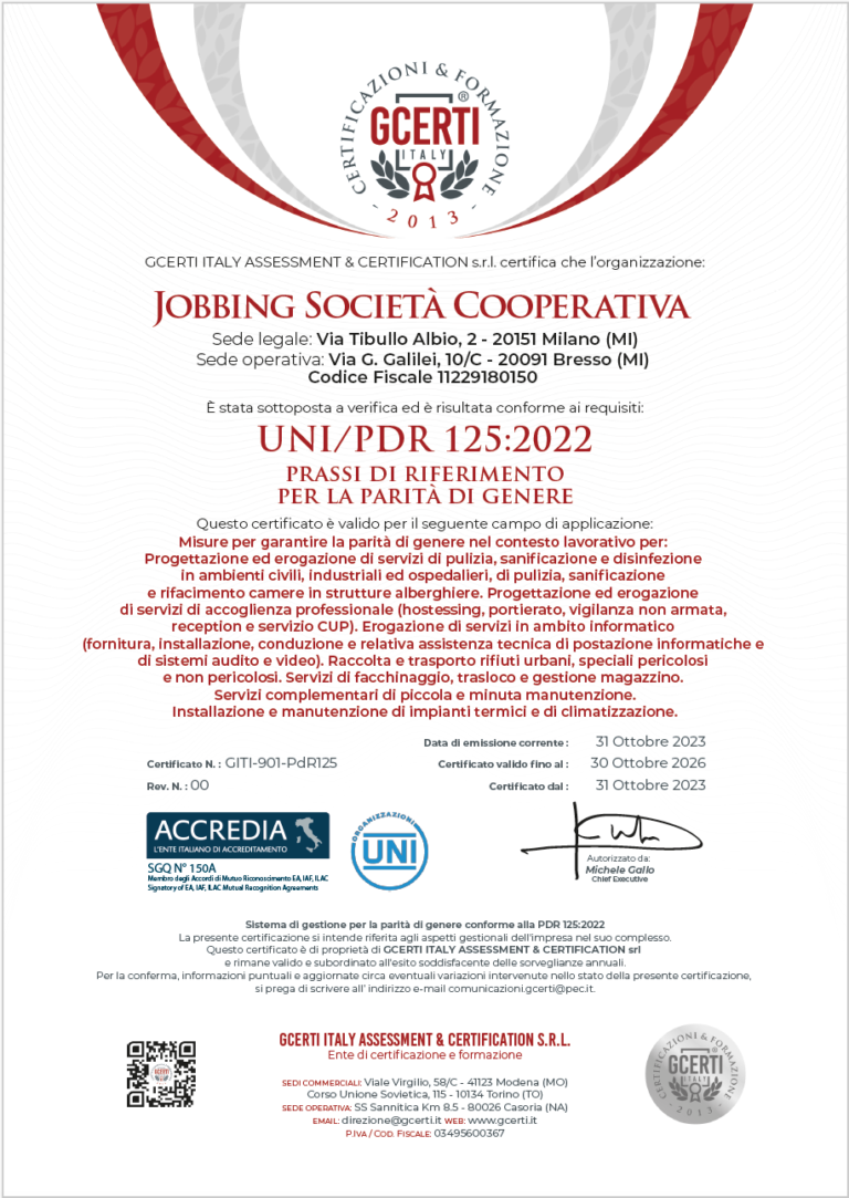 certificazione PDR125-2022 Parità dio genere Jobbing